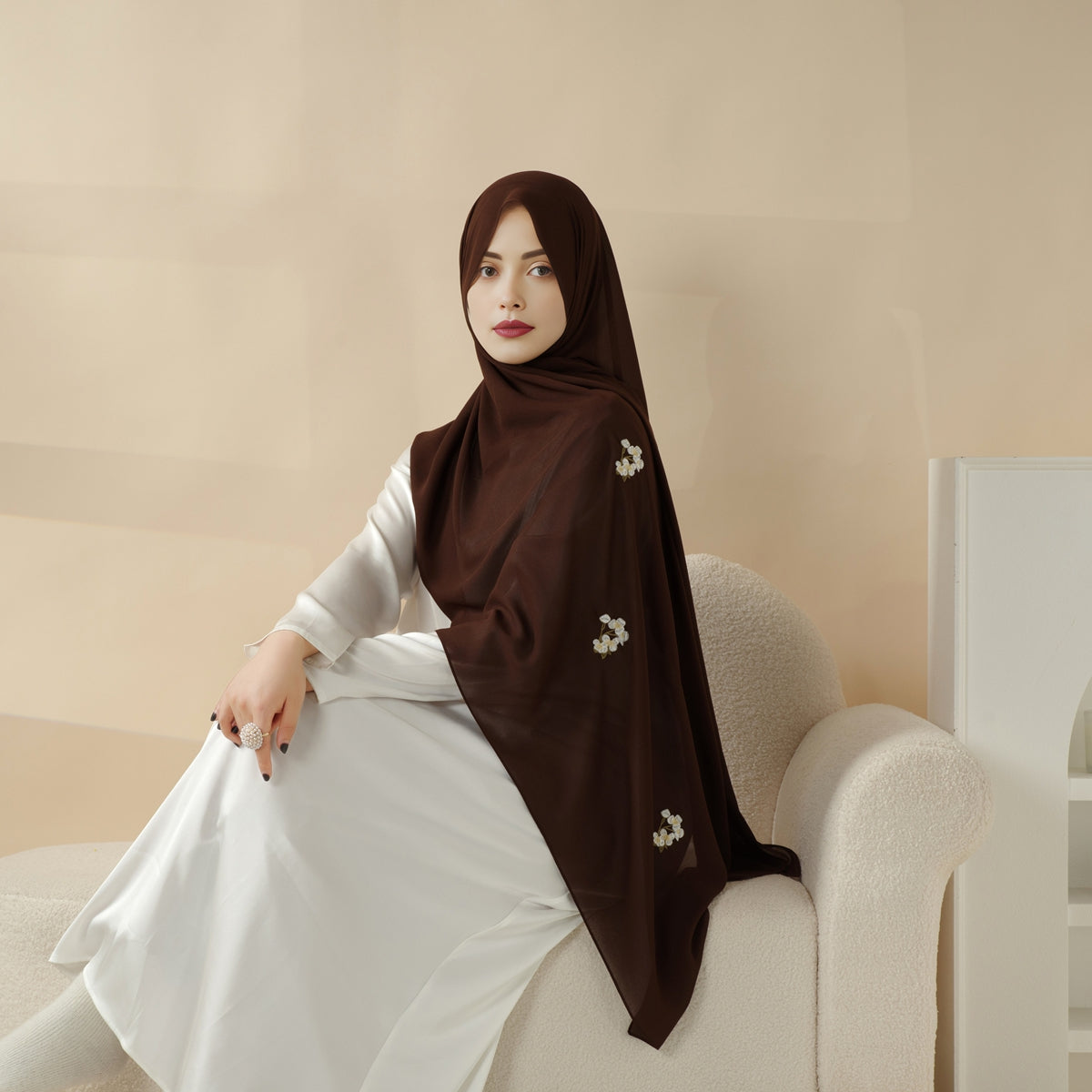 Plain Chiffon Shawl Hijab With Embroidery, Extra - Fine Embroidered Hijab (MH077) - Mariam's Collection