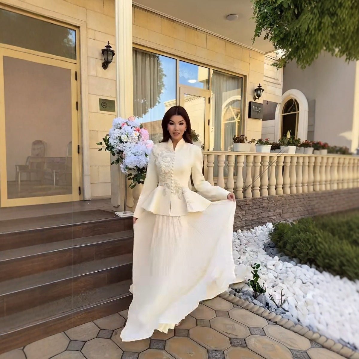 2 - Piece Embroidered Peplum Jacket & Micro Pleat Maxi Skirt Set(MS417) - Mariam's Collection