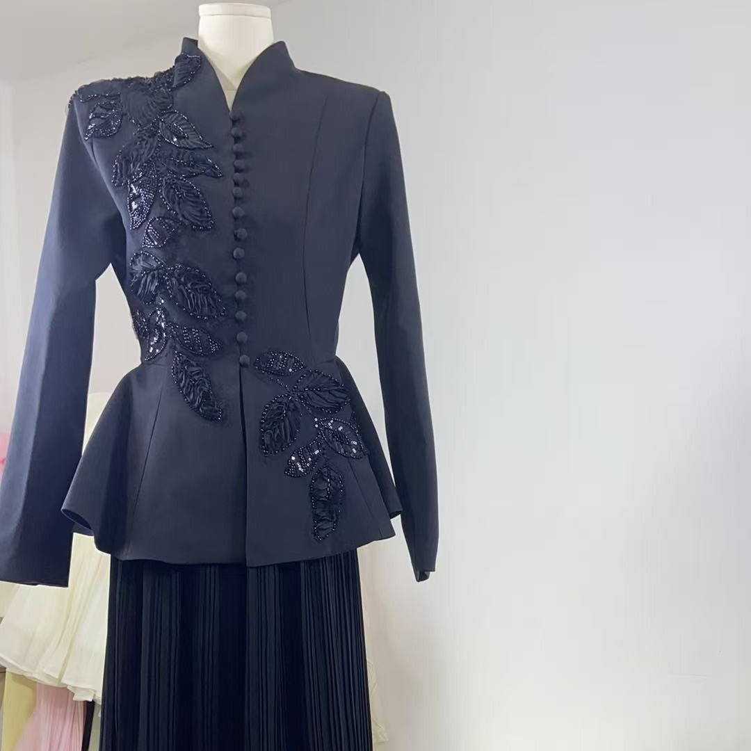 2 - Piece Embroidered Peplum Jacket & Micro Pleat Maxi Skirt Set(MS417) - Mariam's Collection