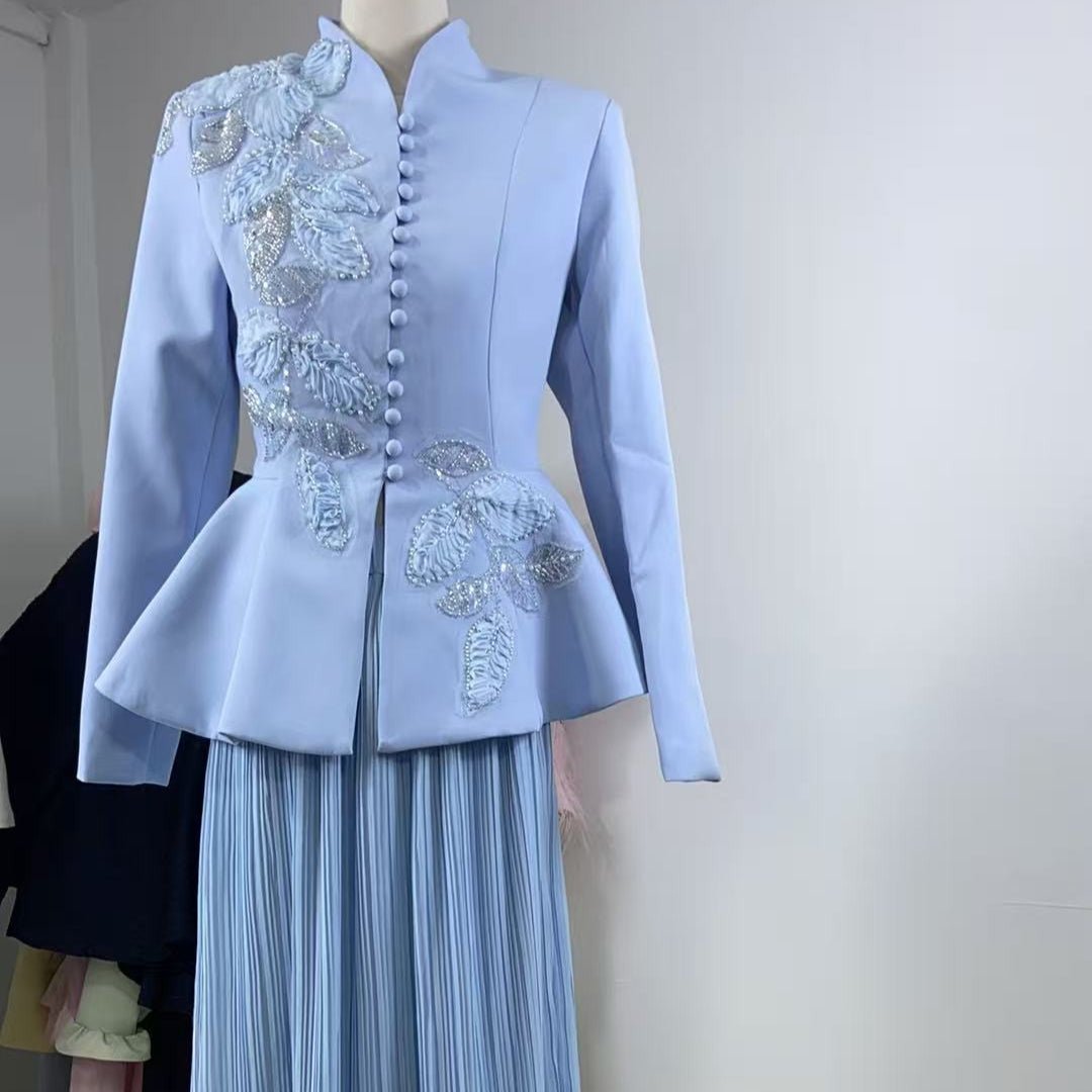 2 - Piece Embroidered Peplum Jacket & Micro Pleat Maxi Skirt Set(MS417) - Mariam's Collection