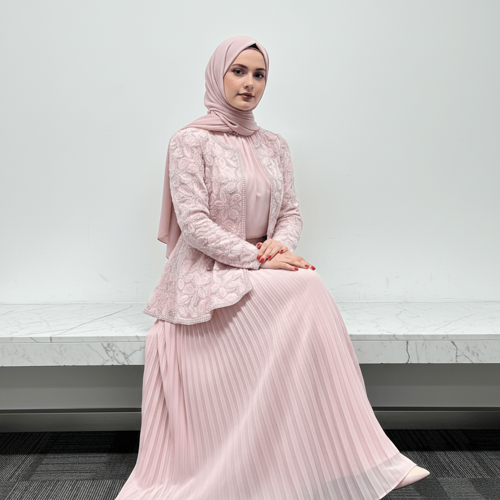 Pearl Beaded 3D Rose Embroidered Dress Set – Luxury Jacket Maxi
