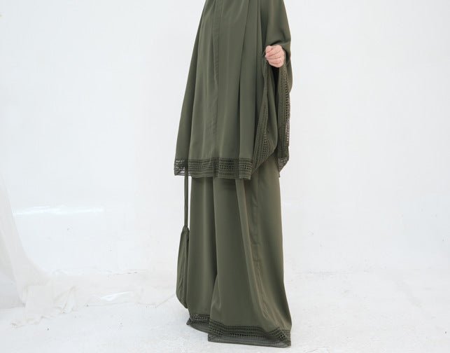 Model wearing hooded nida prayer dress showing full modest coverage