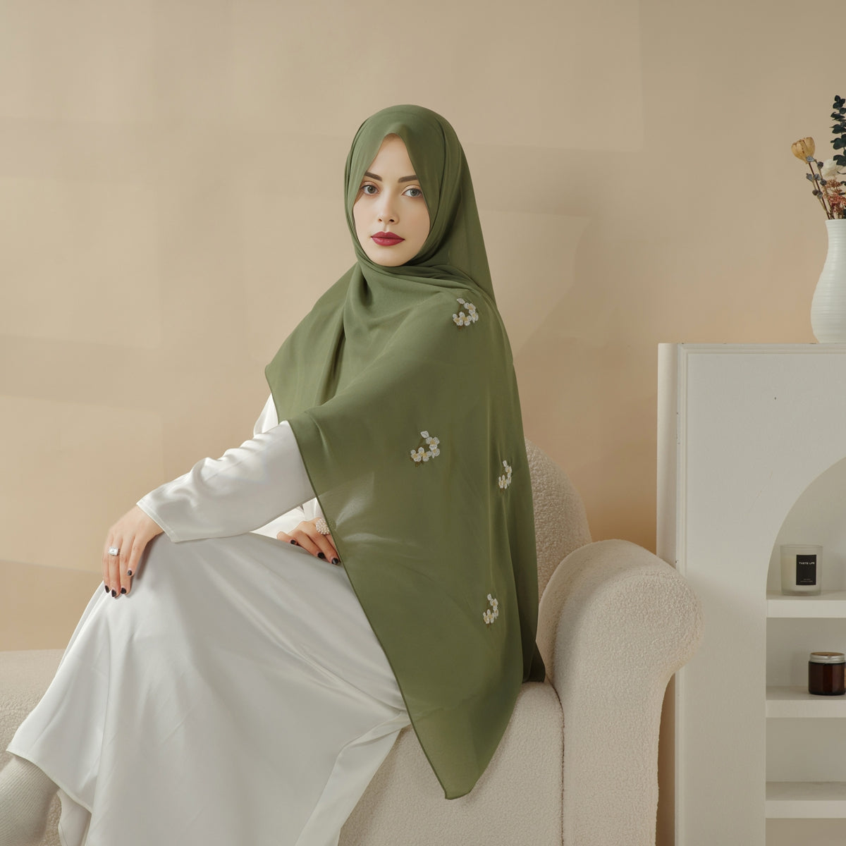 Plain Chiffon Shawl Hijab With Embroidery, Extra - Fine Embroidered Hijab (MH077) - Mariam's Collection