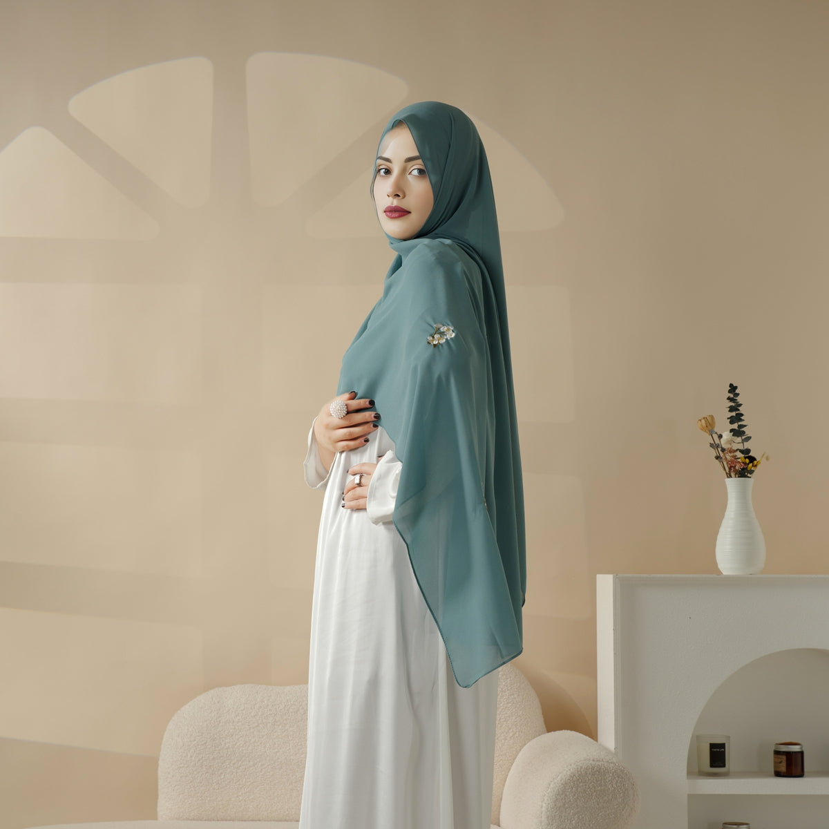 Plain Chiffon Shawl Hijab With Embroidery, Extra - Fine Embroidered Hijab (MH077) - Mariam's Collection