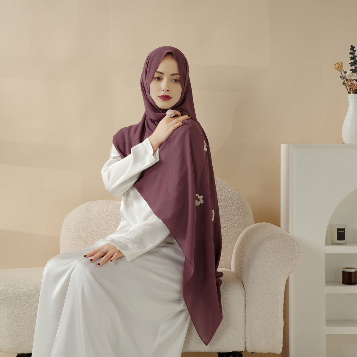 Plain Chiffon Shawl Hijab With Embroidery, Extra - Fine Embroidered Hijab (MH077) - Mariam's Collection