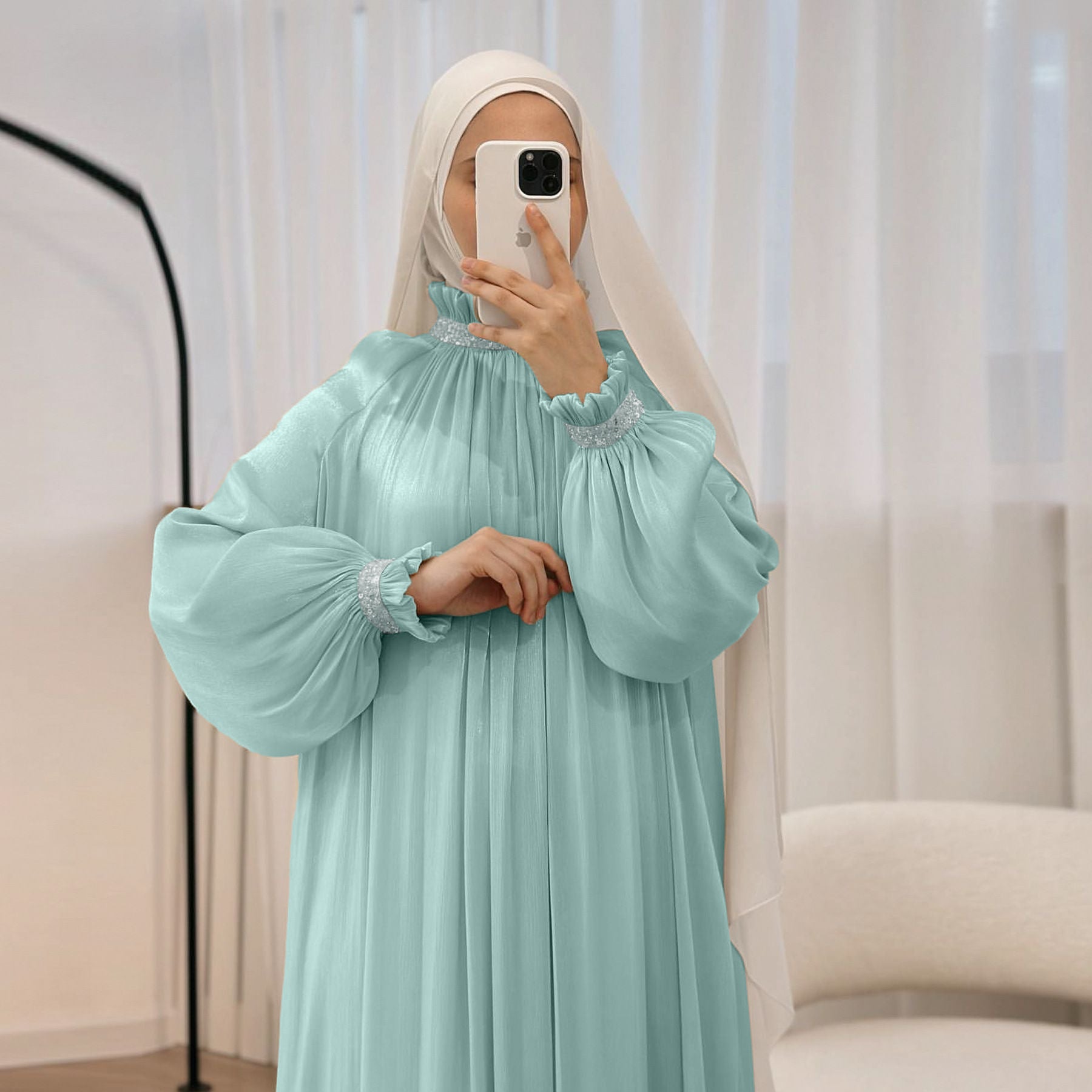 Elegant Glossy Flower Cuff Sequinned Abaya | Glossy Abaya With Sequins (MA140)
