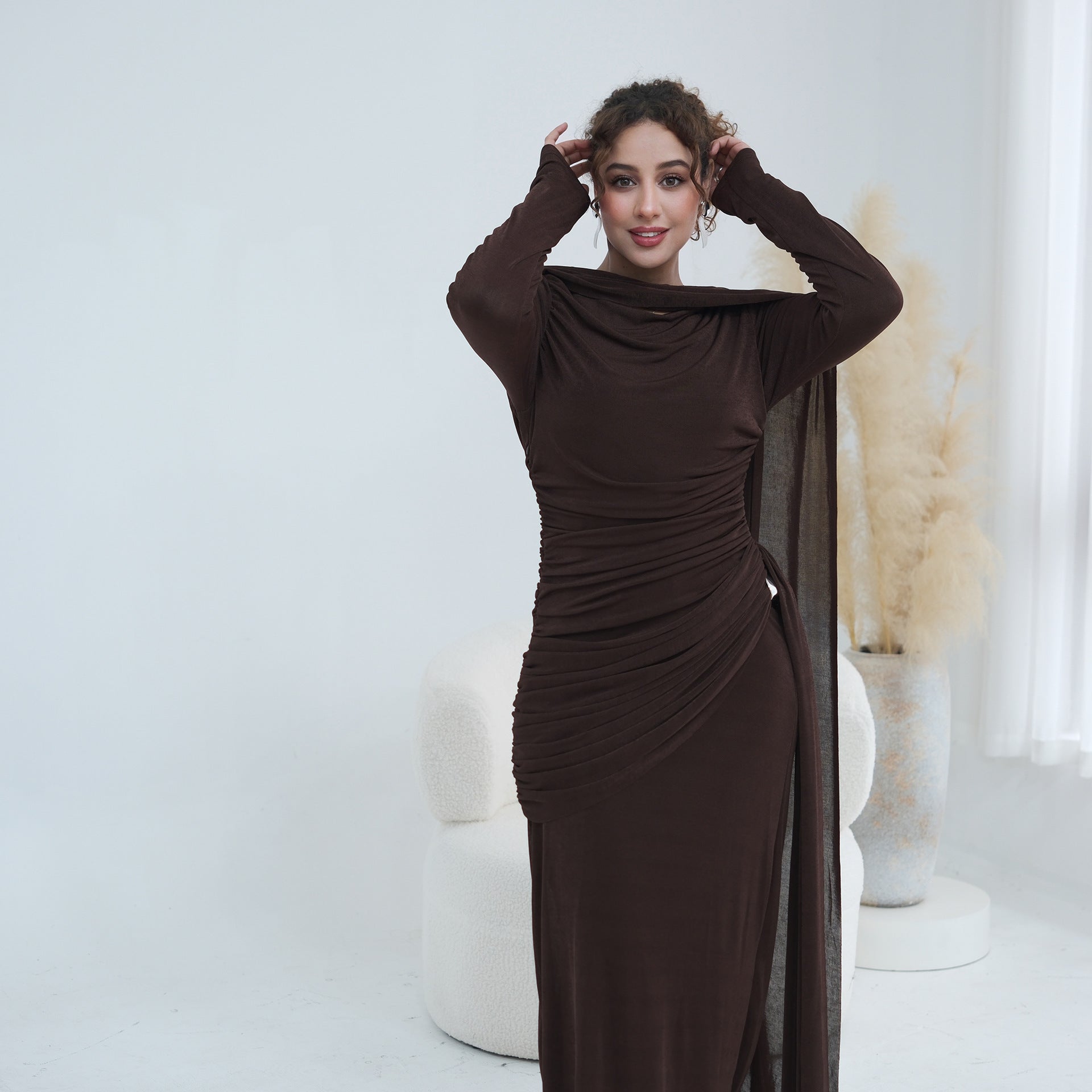 Ruched Maxi Dress with Cape(MS434)