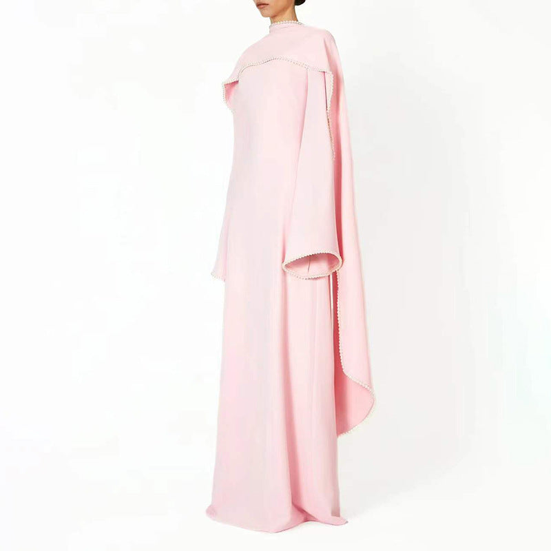 Pearl Embellished Cape Sleeve Evening Dress – Luxury Abaya