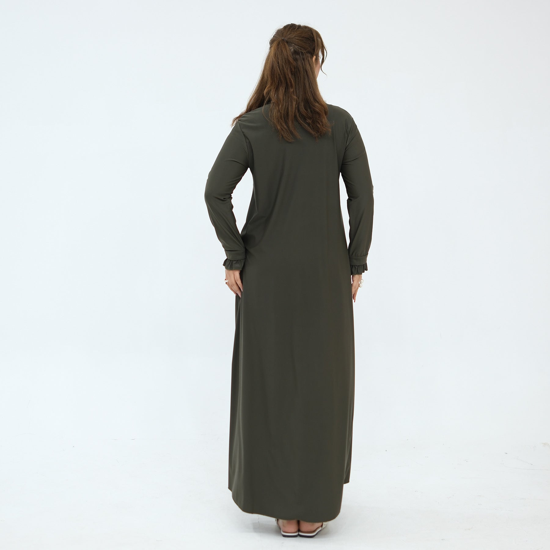 Pool-side view of full coverage modest swimwear set