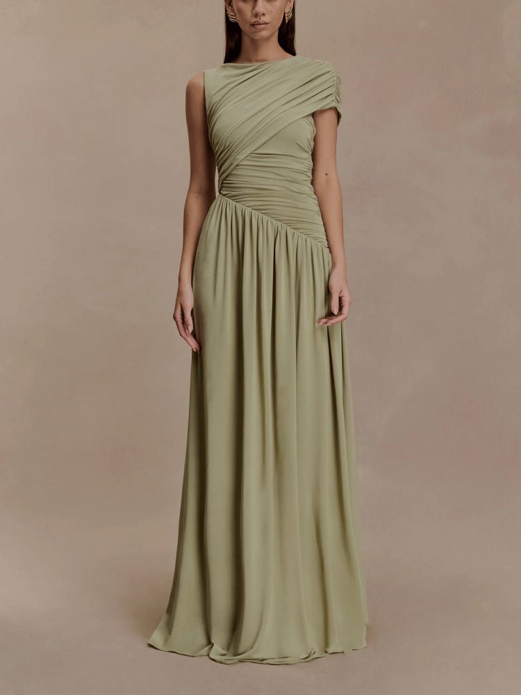Gathered hip pleating detail on asymmetric draped sage green gown