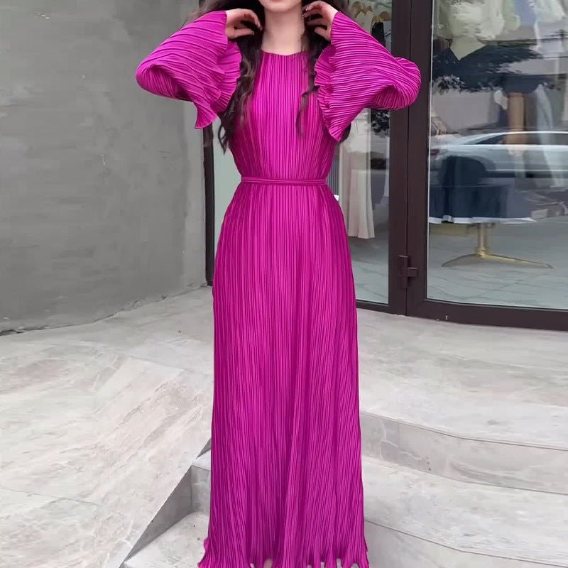 Autumn New Pleated Flared Sleeve Wedding Guest Dress Abaya with Belt. (MA193) - Mariam's Collection