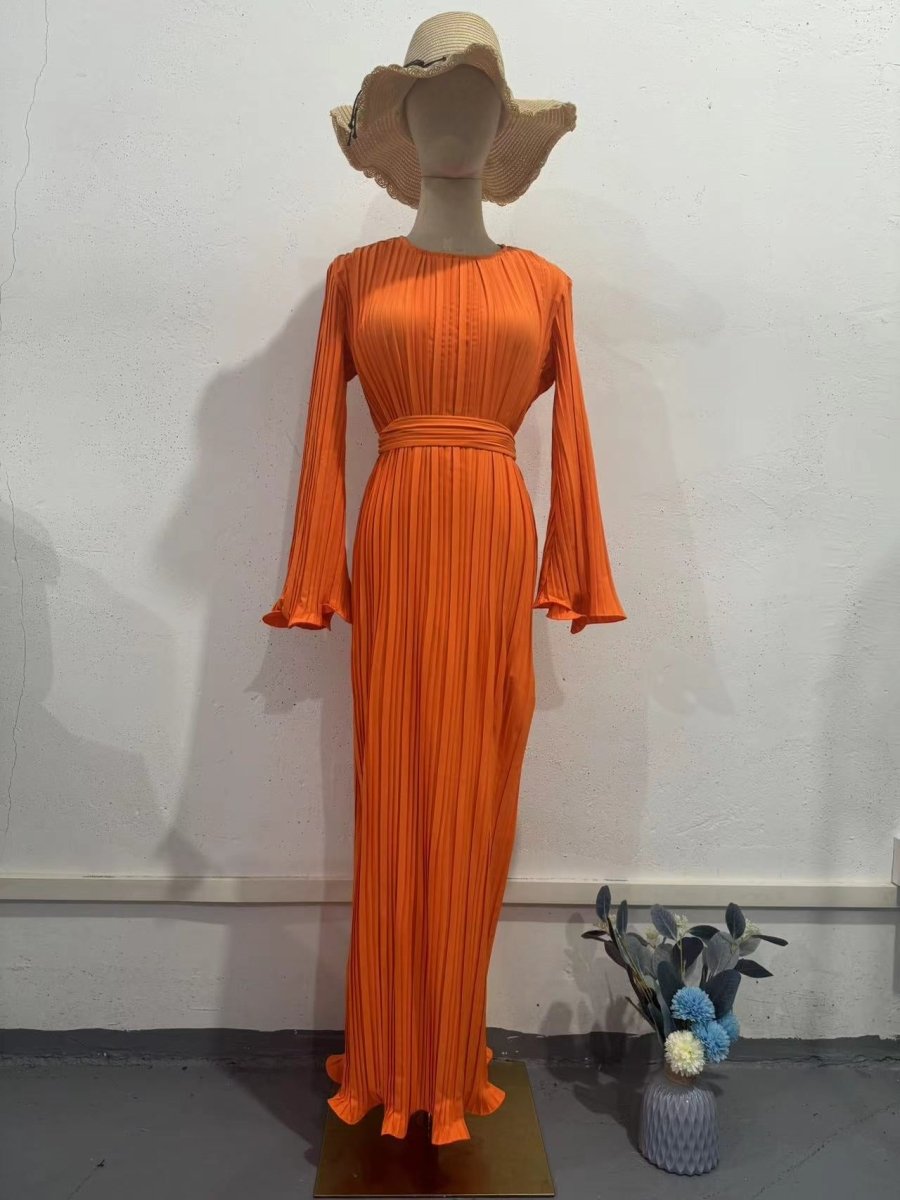 Autumn New Pleated Flared Sleeve Wedding Guest Dress Abaya with Belt. (MA193) - Mariam's Collection