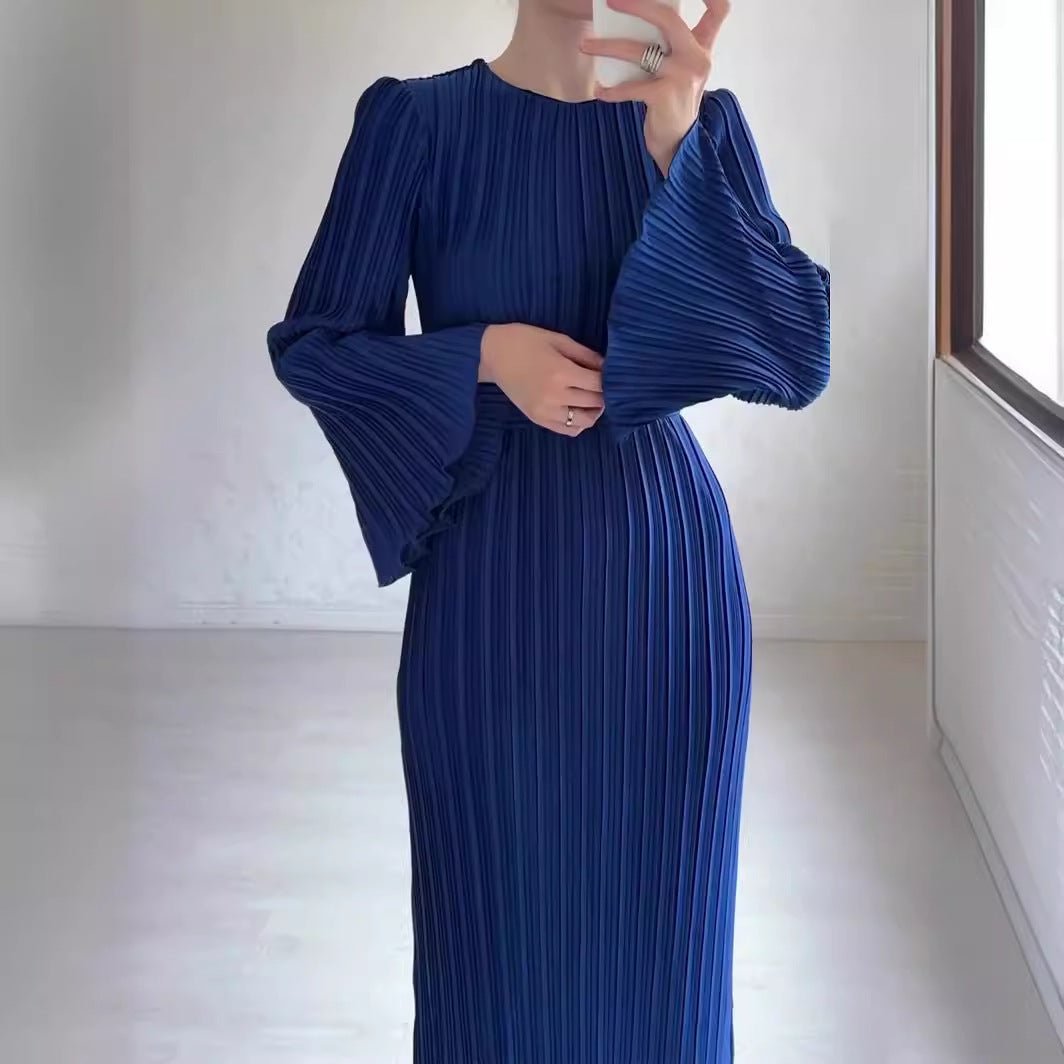 Autumn New Pleated Flared Sleeve Wedding Guest Dress Abaya with Belt. (MA193) - Mariam's Collection