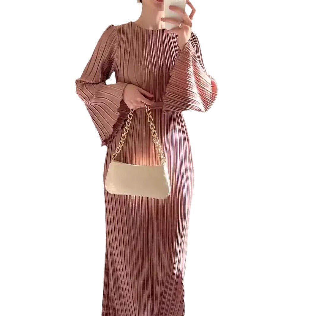 Autumn New Pleated Flared Sleeve Wedding Guest Dress Abaya with Belt. (MA193) - Mariam's Collection