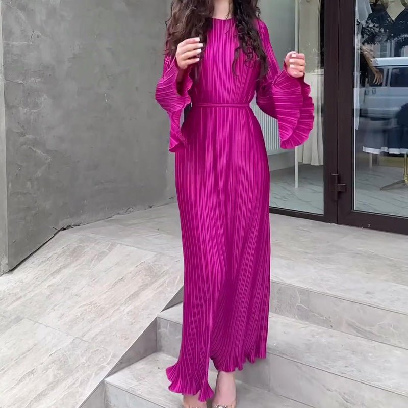 Autumn New Pleated Flared Sleeve Wedding Guest Dress Abaya with Belt. (MA193) - Mariam's Collection