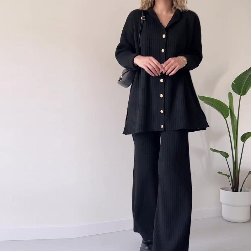 Autumn Winter Knit Two - Piece Set | Button - Up Collar Top & Elastic Waist Pants(MS125) - Mariam's Collection