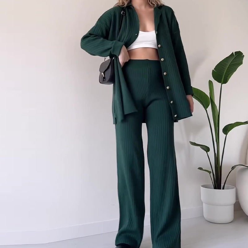 Autumn Winter Knit Two - Piece Set | Button - Up Collar Top & Elastic Waist Pants(MS125) - Mariam's Collection