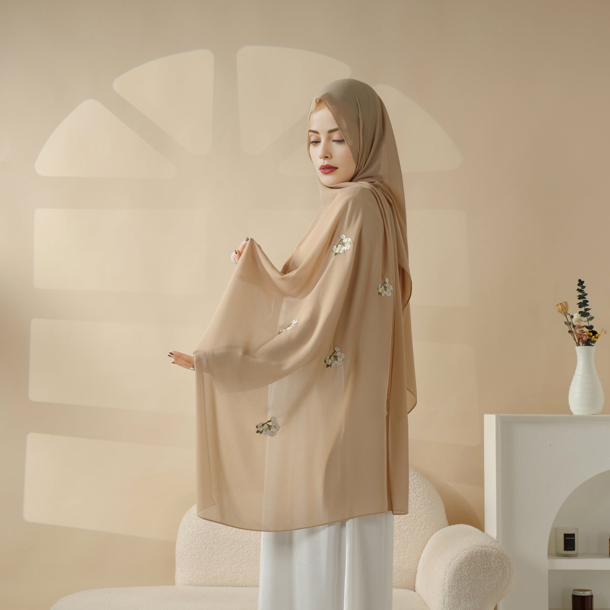 Plain Chiffon Shawl Hijab With Embroidery, Extra - Fine Embroidered Hijab (MH077) - Mariam's Collection