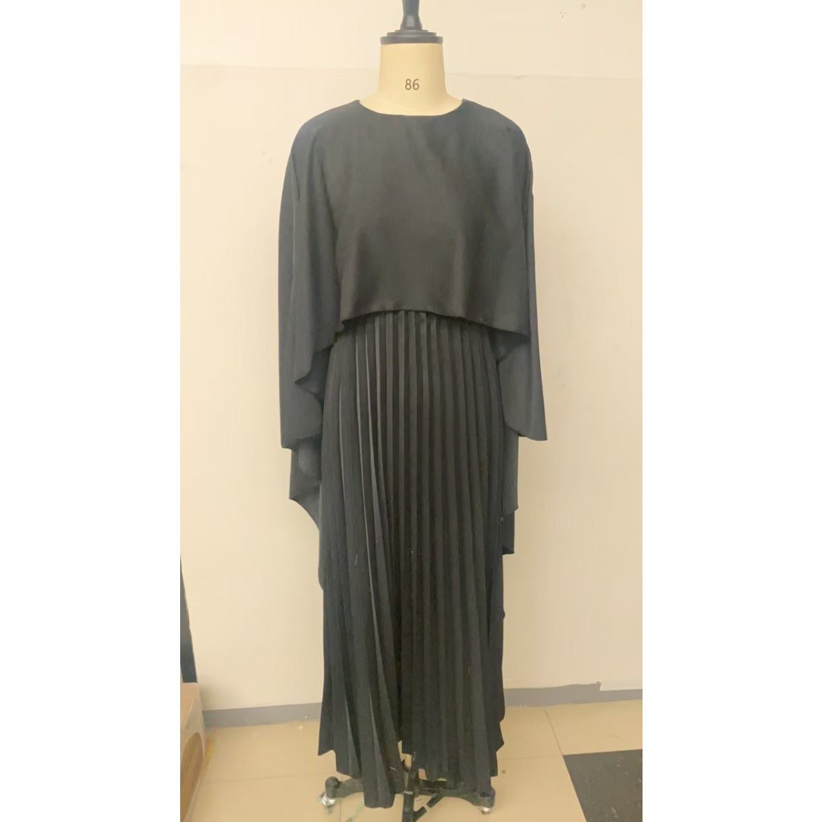 Bat Sleeve Pleated Maxi Dress | Cream White Cape Dress with Dramatic Bell Sleeves. (MA241) - Mariam's Collection