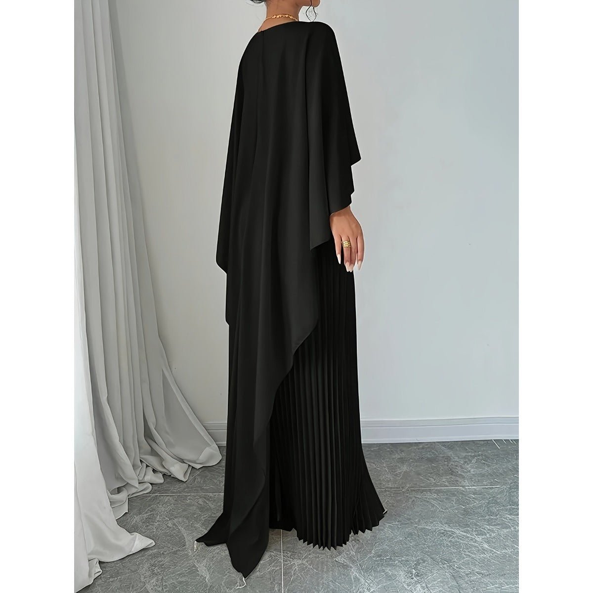 Bat Sleeve Pleated Maxi Dress | Cream White Cape Dress with Dramatic Bell Sleeves. (MA241) - Mariam's Collection