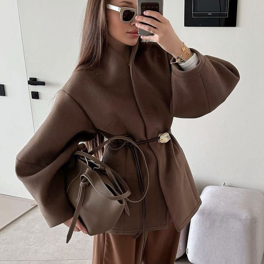 Belted Wool Coat with Shell Brooch(MS255) - Mariam's Collection