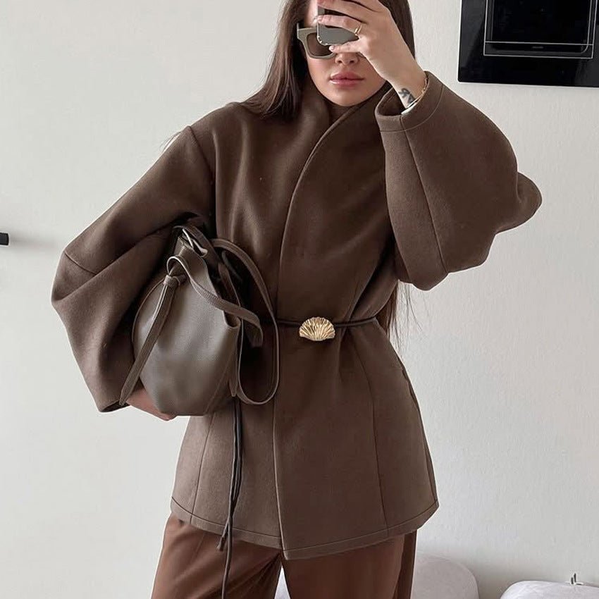 Belted Wool Coat with Shell Brooch(MS255) - Mariam's Collection