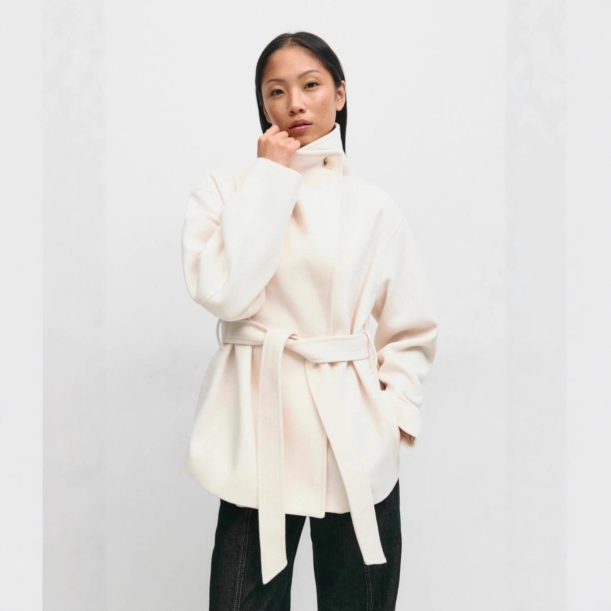 Belted Wrap Coat with Wide Collar | Double - Faced Wool Blend Jacket(MS254) - Mariam's Collection