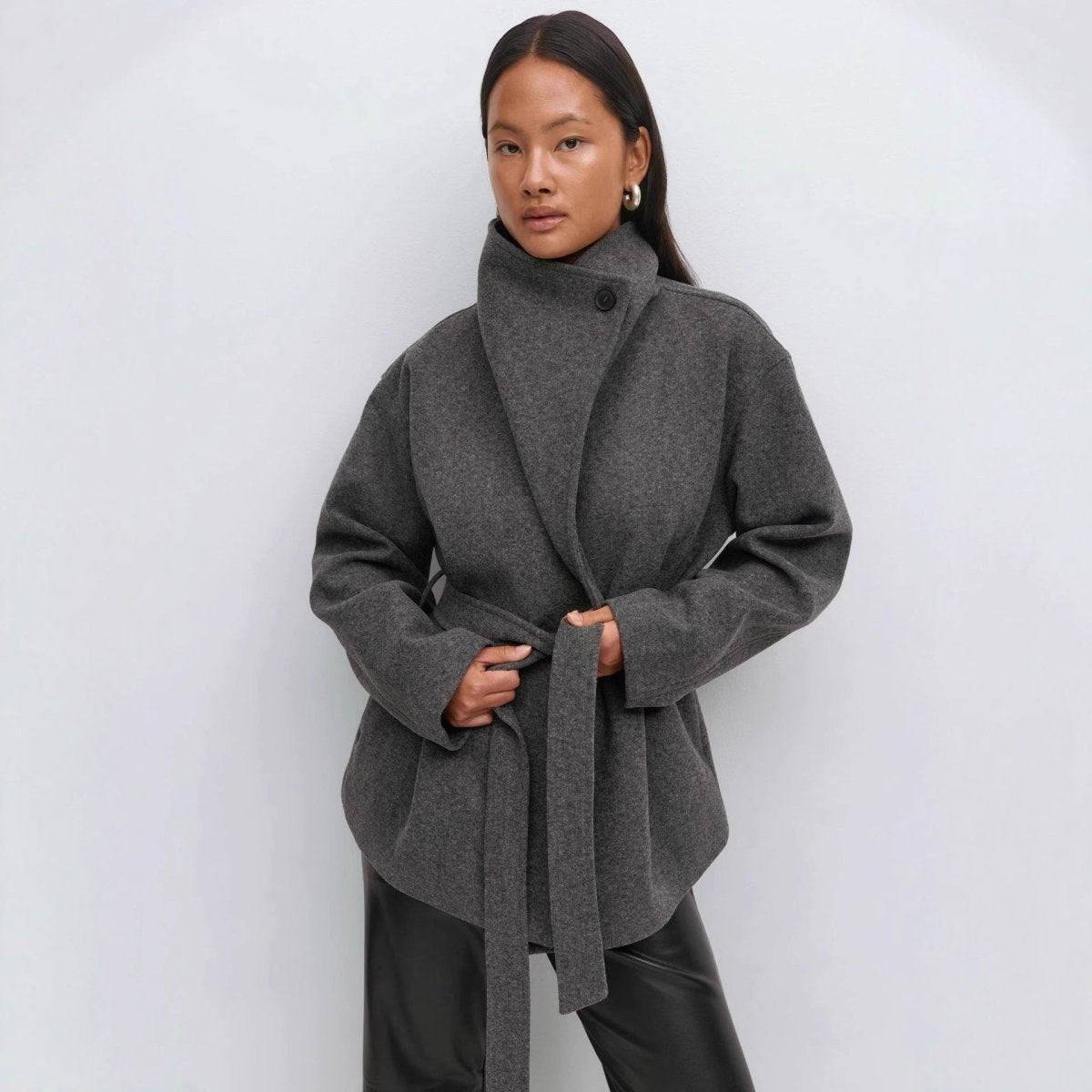 Belted Wrap Coat with Wide Collar | Double - Faced Wool Blend Jacket(MS254) - Mariam's Collection