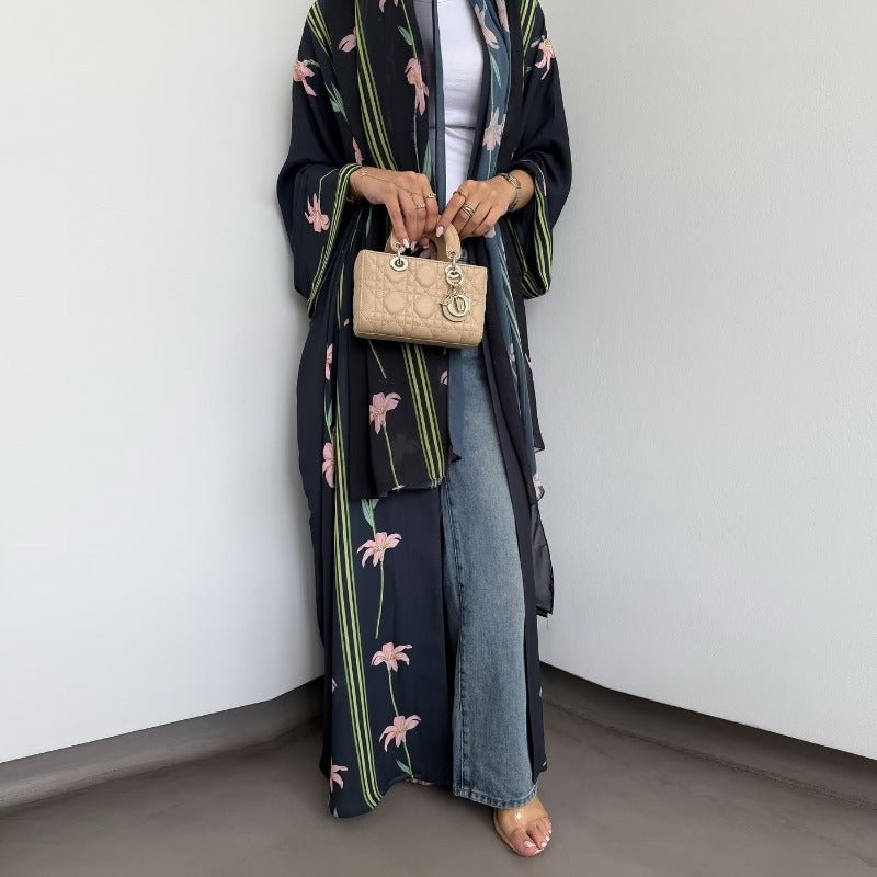 Black Floral Print Abaya Set | Lightweight Breathable Cardigan with Matching Hijab(MOA230) - Mariam's Collection