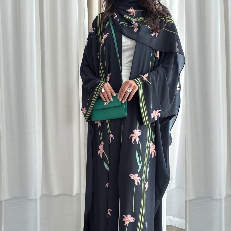 Black Floral Print Abaya Set | Lightweight Breathable Cardigan with Matching Hijab(MOA230) - Mariam's Collection