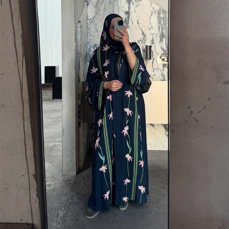 Black Floral Print Abaya Set | Lightweight Breathable Cardigan with Matching Hijab(MOA230) - Mariam's Collection