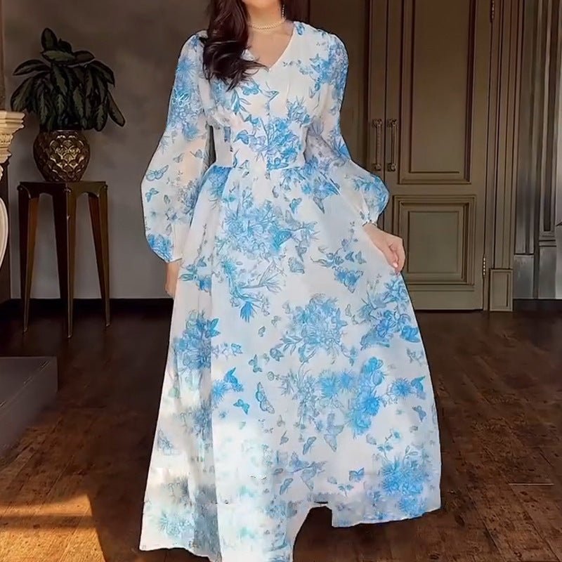 Botanical Print Maxi Dress — Chinoiserie Floral Modest Gown