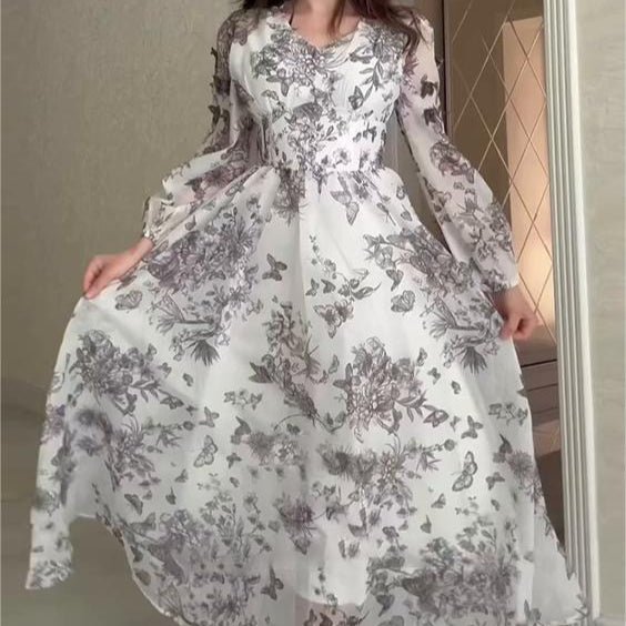Botanical Print Maxi Dress — Chinoiserie Floral Modest Gown