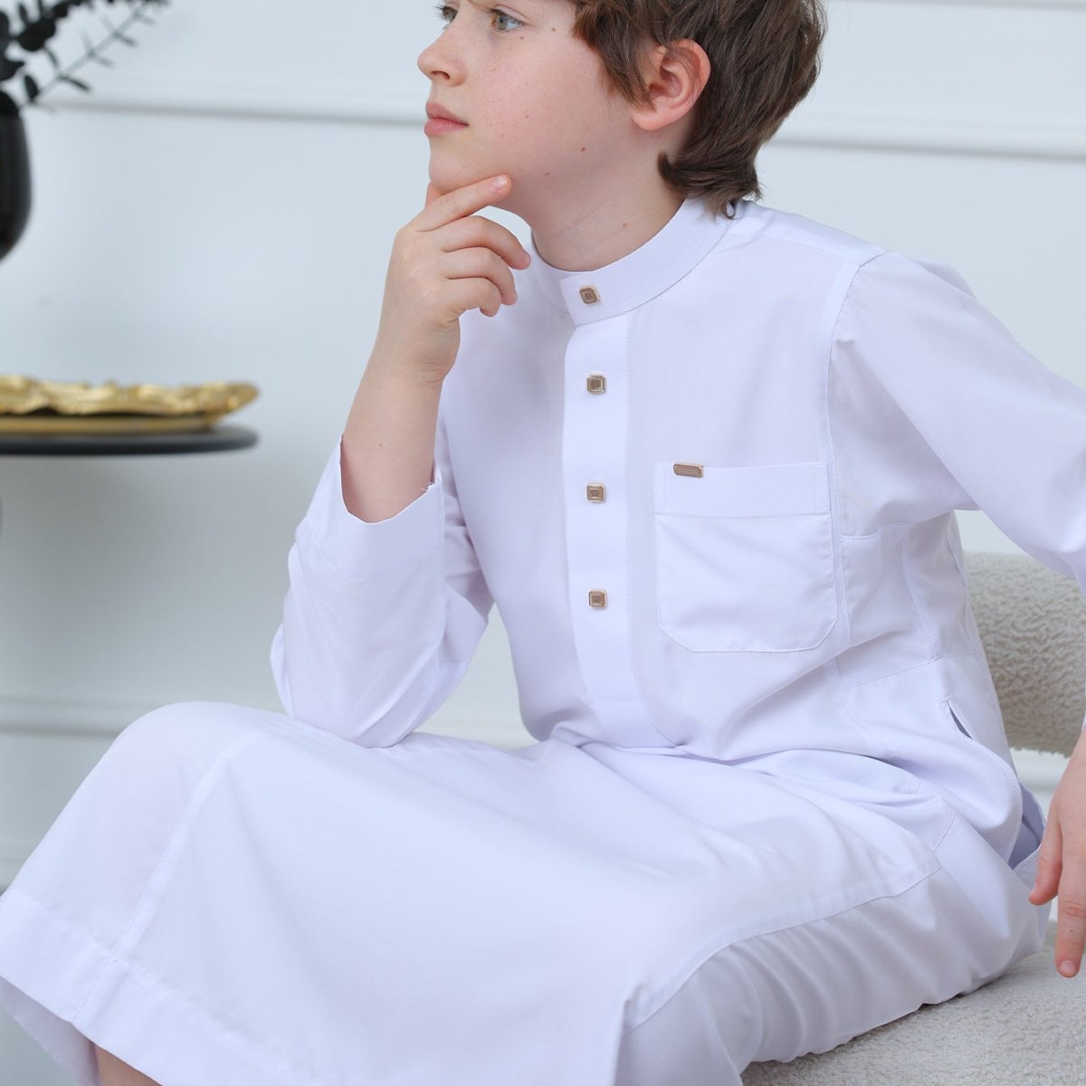 Full-length ankle cut of boys traditional white thobe for Eid