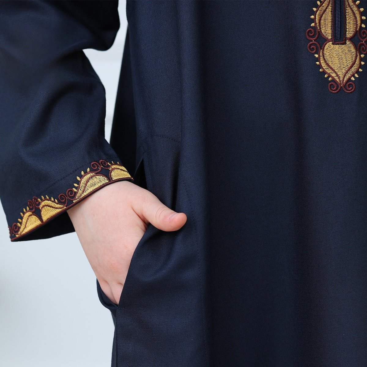 Boys Embroidered Thobe with Gold Trim(MKB017) - Mariam's Collection
