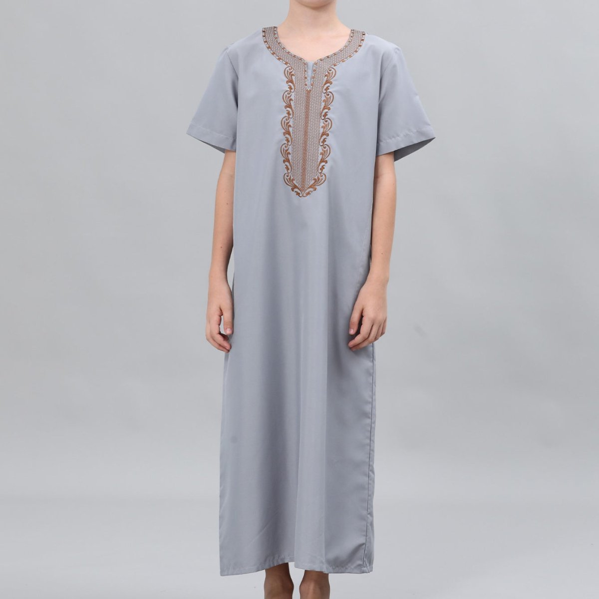 Front view of boys' embroidered thobe in slate gray with silver embroidery