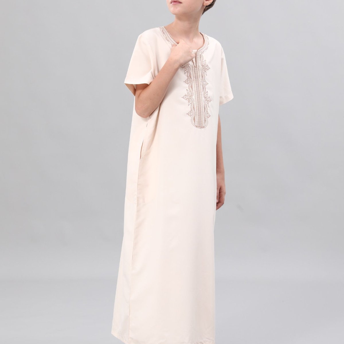 Boys' modest thobe in cream with gold placket embroidery