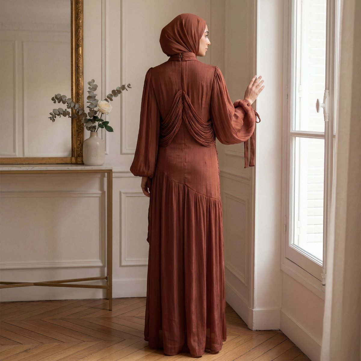 Braided Collar Ruched Fringe Maxi Abaya Dress – Pleated Abaya
