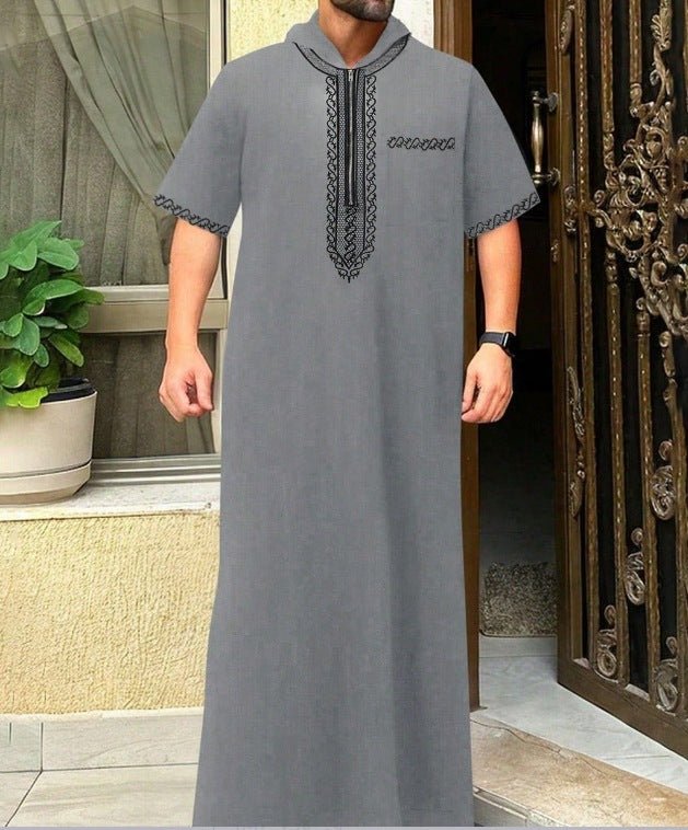 Breathable 3D Digital Print Striped Thobe Men's Loose Fit Short Sleeve Muslim Robe with V - Neck. (MT033) - Mariam's Collection