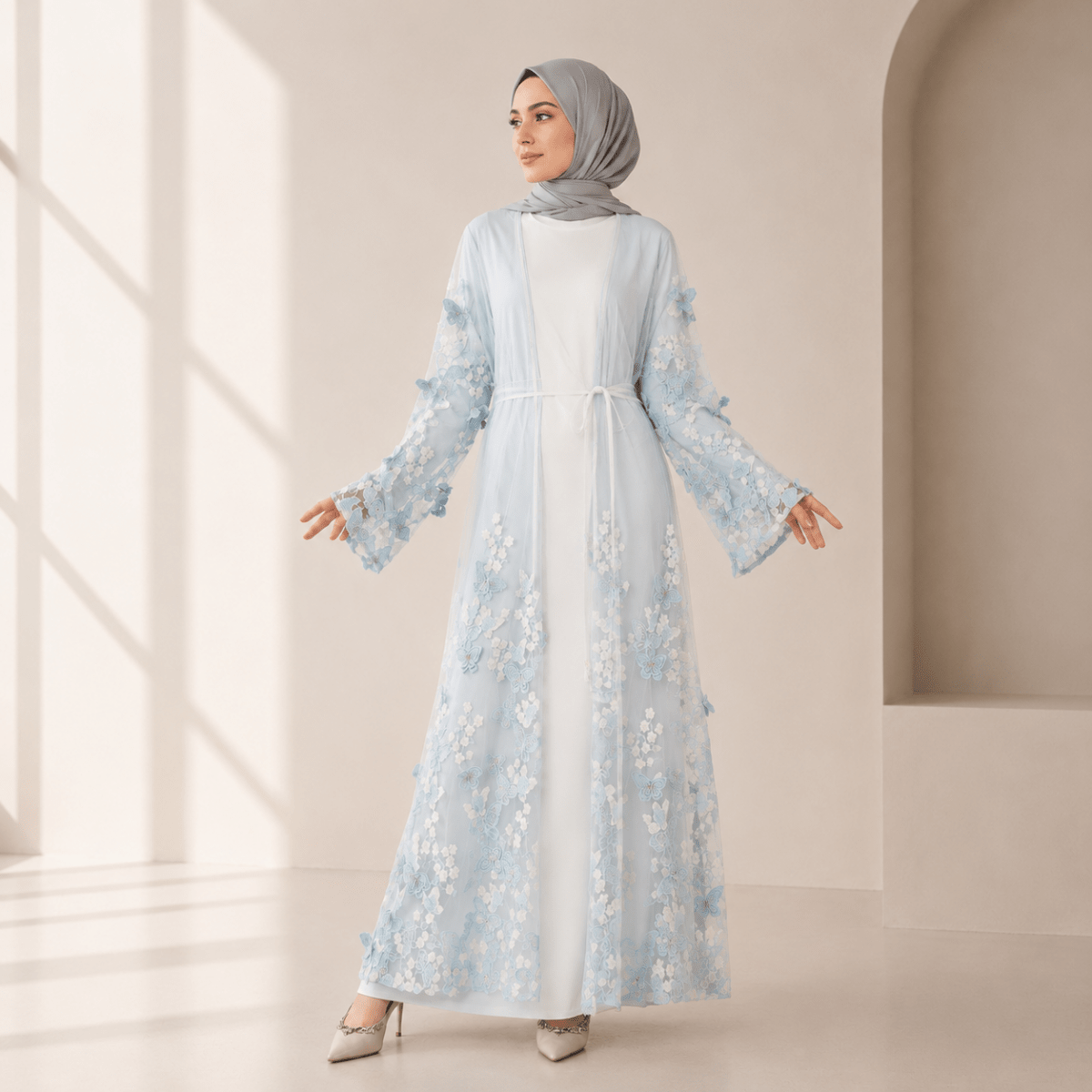 Butterfly Whisper Embroidered Open Abaya – 3D Mesh Abaya