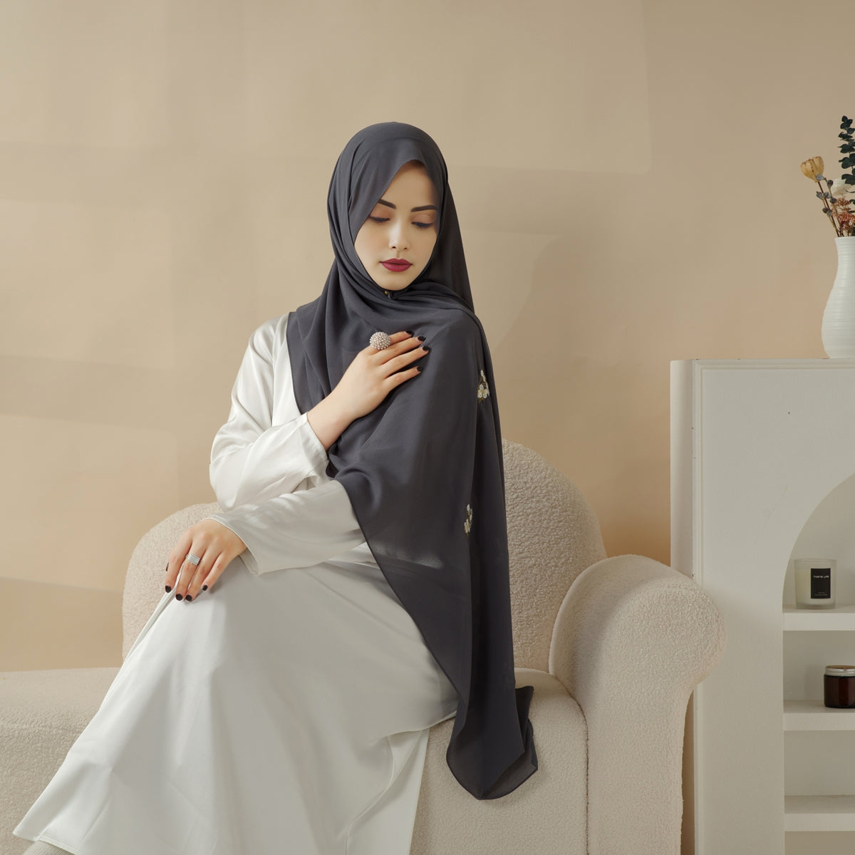 Plain Chiffon Shawl Hijab With Embroidery, Extra - Fine Embroidered Hijab (MH077) - Mariam's Collection