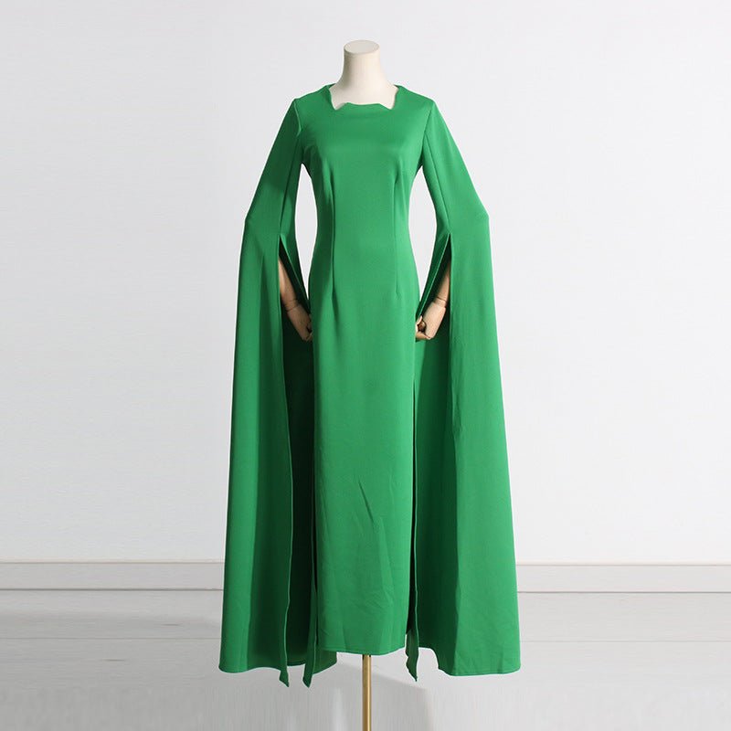 Cape Sleeve Evening Gown | Scalloped Neck Fitted Maxi Dress with Back Slit(MS217) - Mariam's Collection
