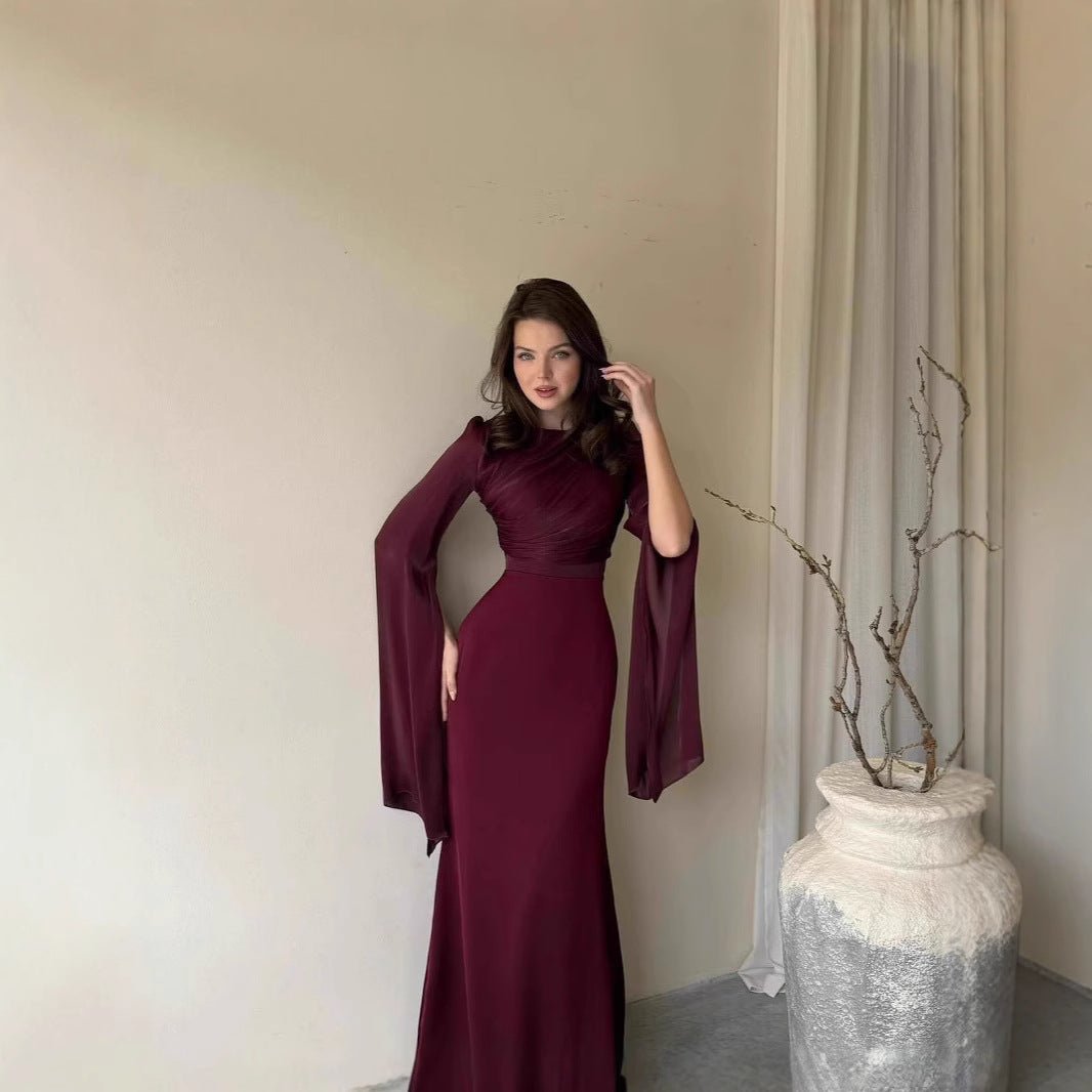 Cape Sleeve Gown with Tie - Back | Fitted Mermaid Maxi Dress(MS230) - Mariam's Collection