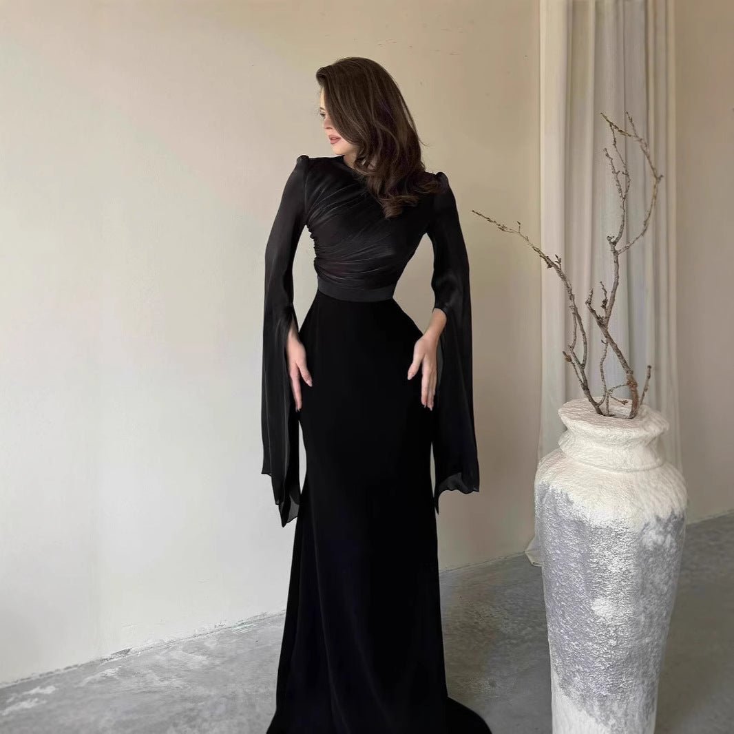 Cape Sleeve Gown with Tie - Back | Fitted Mermaid Maxi Dress(MS230) - Mariam's Collection