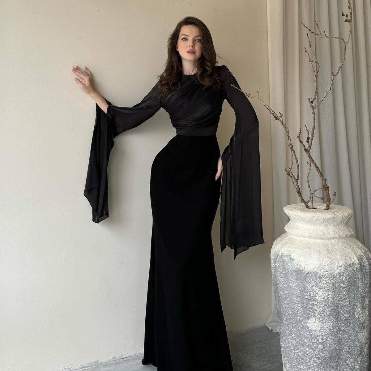 Cape Sleeve Gown with Tie - Back | Fitted Mermaid Maxi Dress(MS230) - Mariam's Collection
