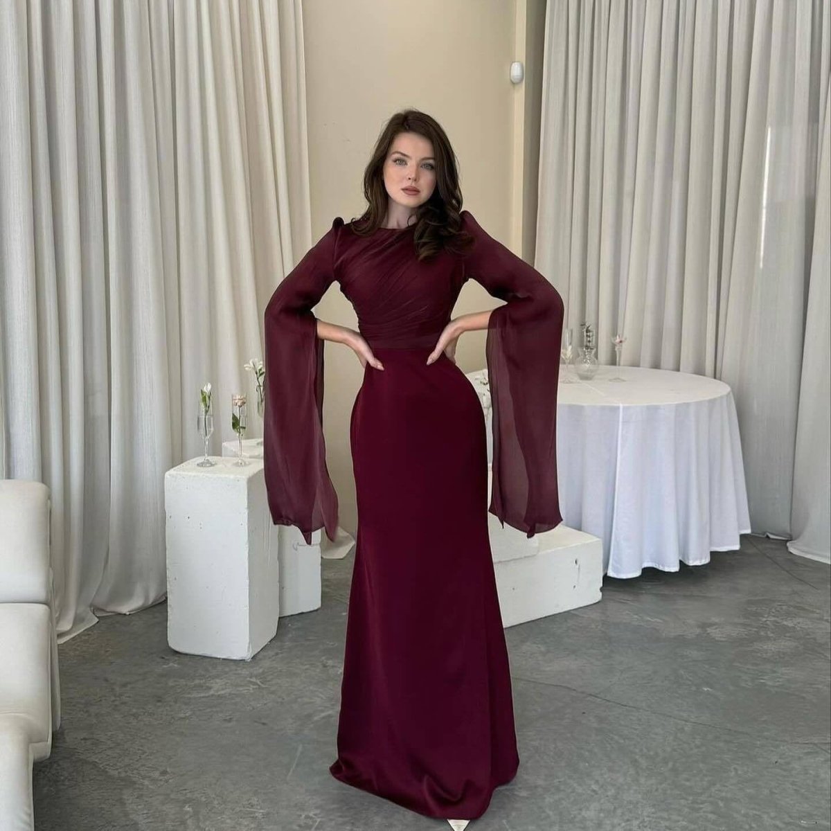 Cape Sleeve Gown with Tie - Back | Fitted Mermaid Maxi Dress(MS230) - Mariam's Collection