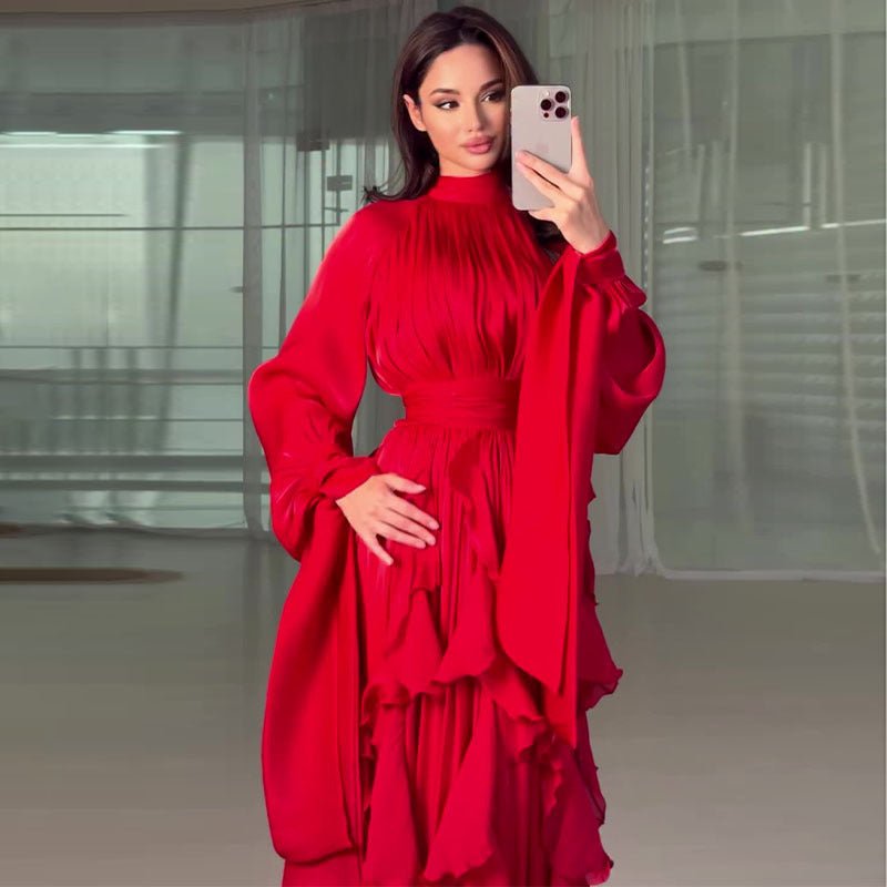 Cascading Ruffle Gown | High Neck Tie - Waist Maxi Dress(MS231) - Mariam's Collection