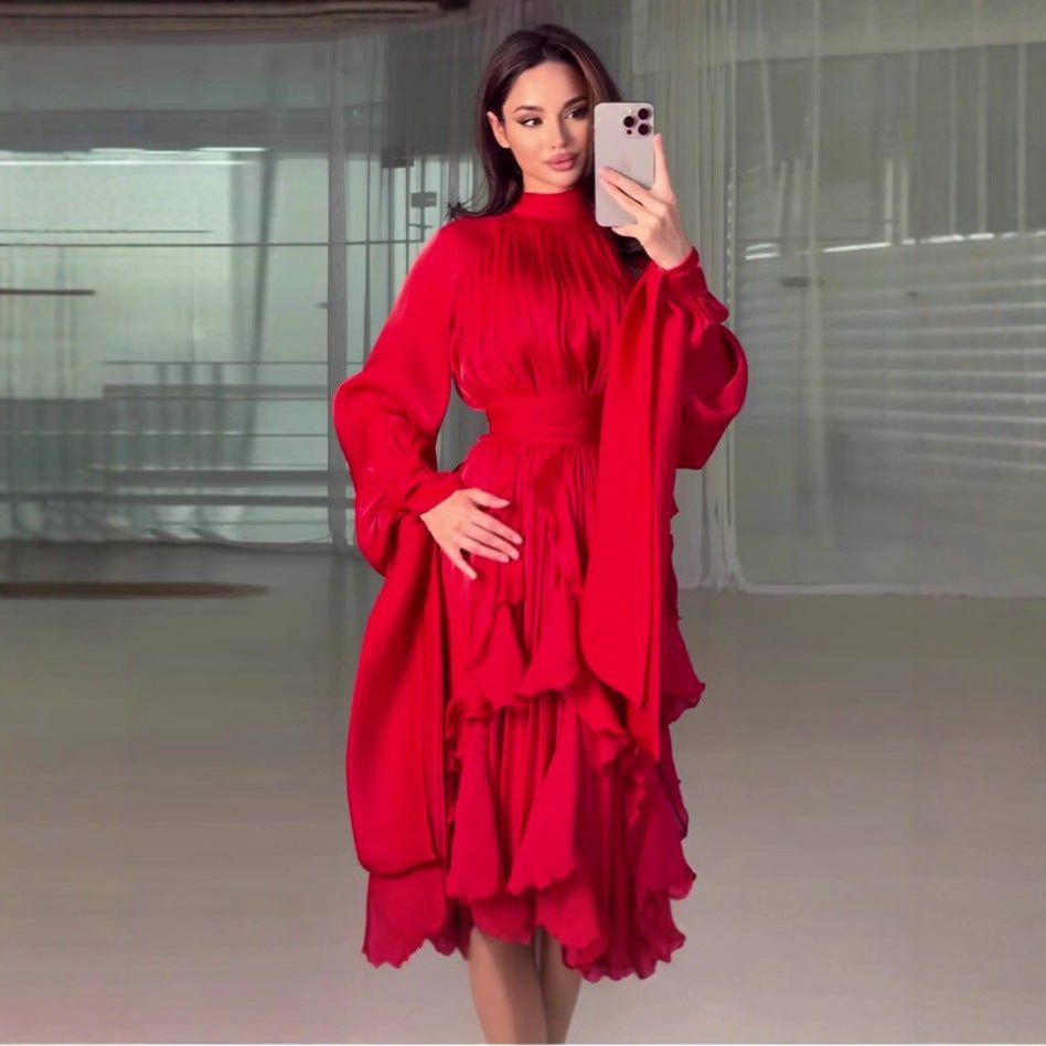 Cascading Ruffle Gown | High Neck Tie - Waist Maxi Dress(MS231) - Mariam's Collection