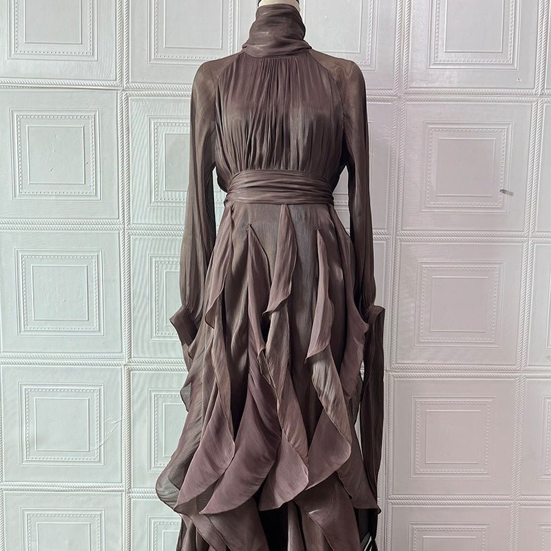 Cascading Ruffle Gown | High Neck Tie - Waist Maxi Dress(MS231) - Mariam's Collection