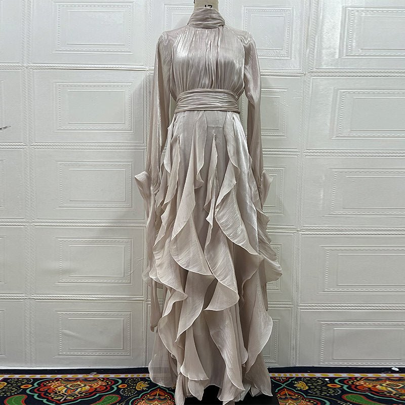 Cascading Ruffle Gown | High Neck Tie - Waist Maxi Dress(MS231) - Mariam's Collection